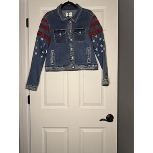 Vigoss Americana Denim Trucker Jean Jacket Stars Stripes Detail Sleeves Xl Nwt